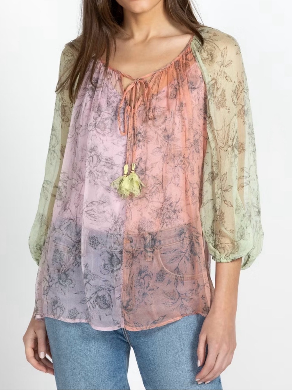 Johnny Was Serena Peasant Blouse Sheer Silk Floral Patchwork Top Size Medium